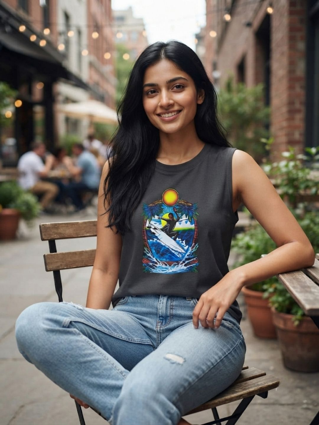 Women's Vintage Wave Rider Sleeveless Tee | Charcoal | The Modvue