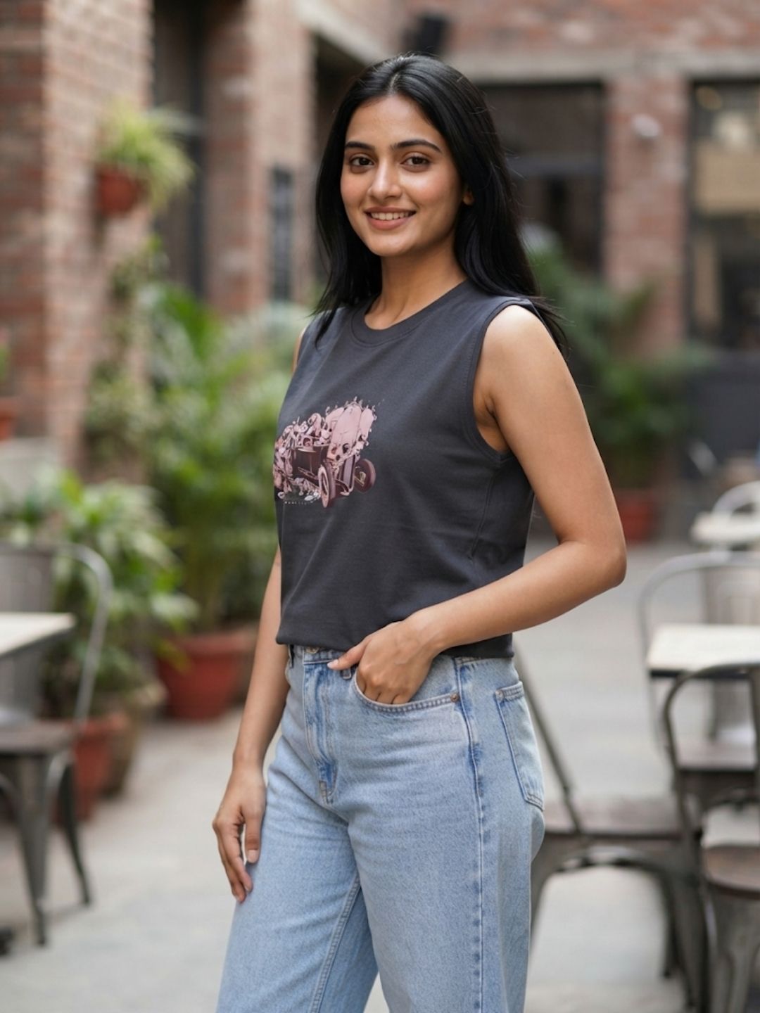 Women's Edgy Biker Skull Sleeveless Tee | Dark Grey | The Modvue