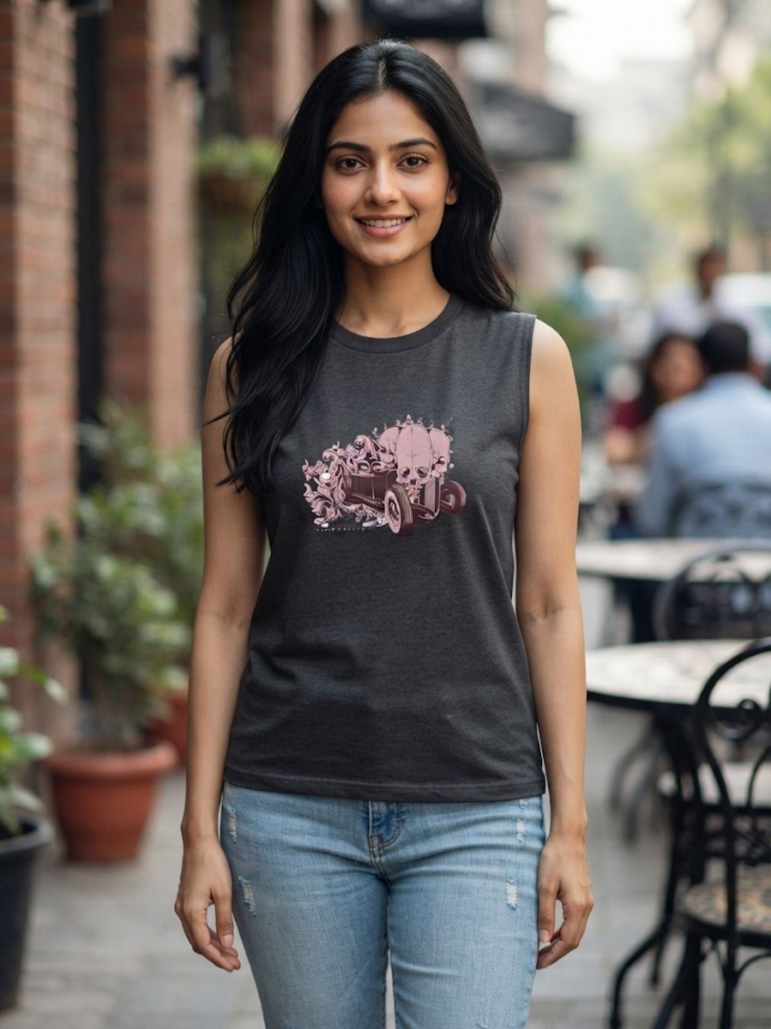Women's Edgy Biker Skull Sleeveless Tee | Dark Grey | The Modvue