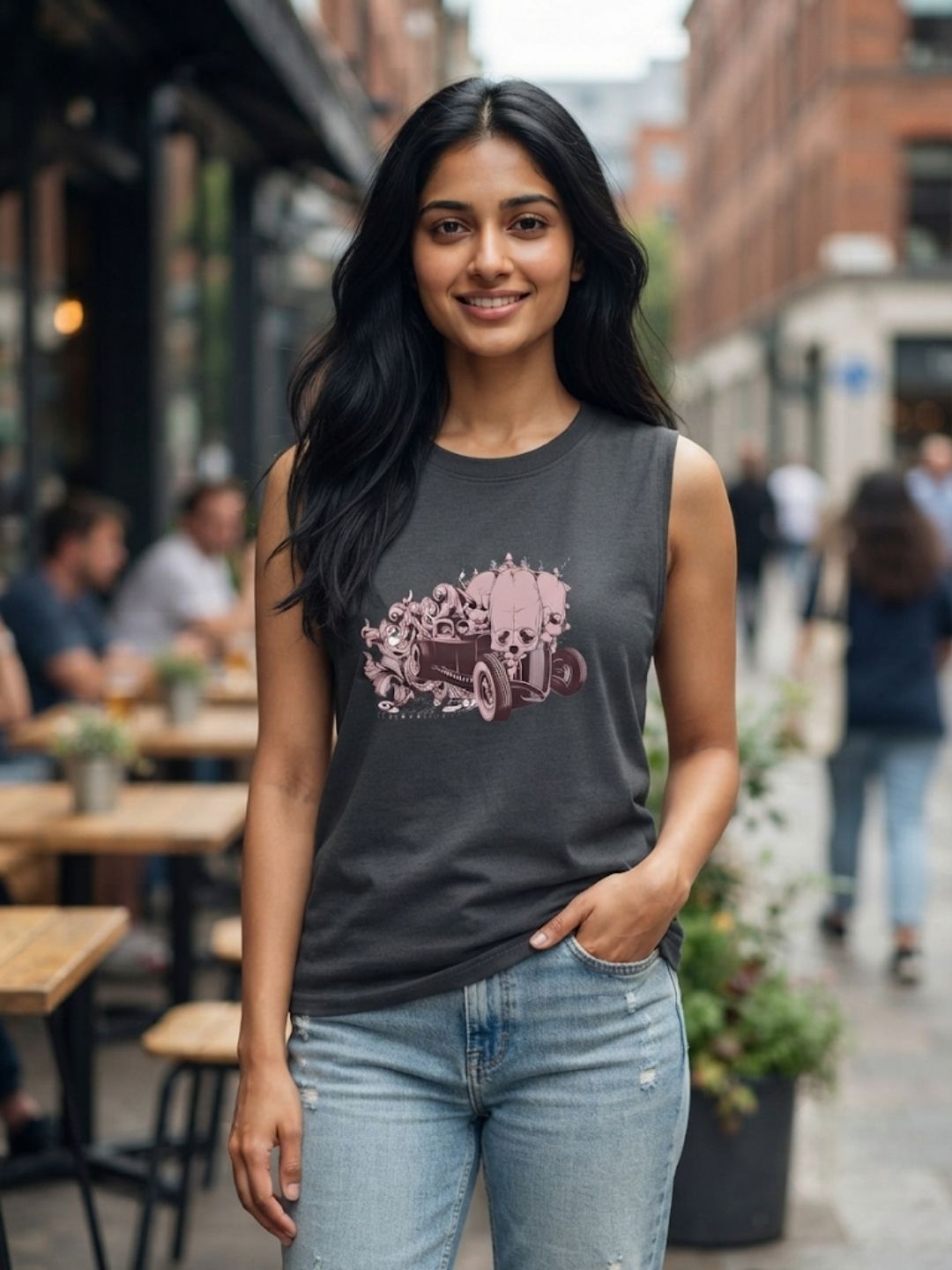 Women's Edgy Biker Skull Sleeveless Tee | Dark Grey | The Modvue