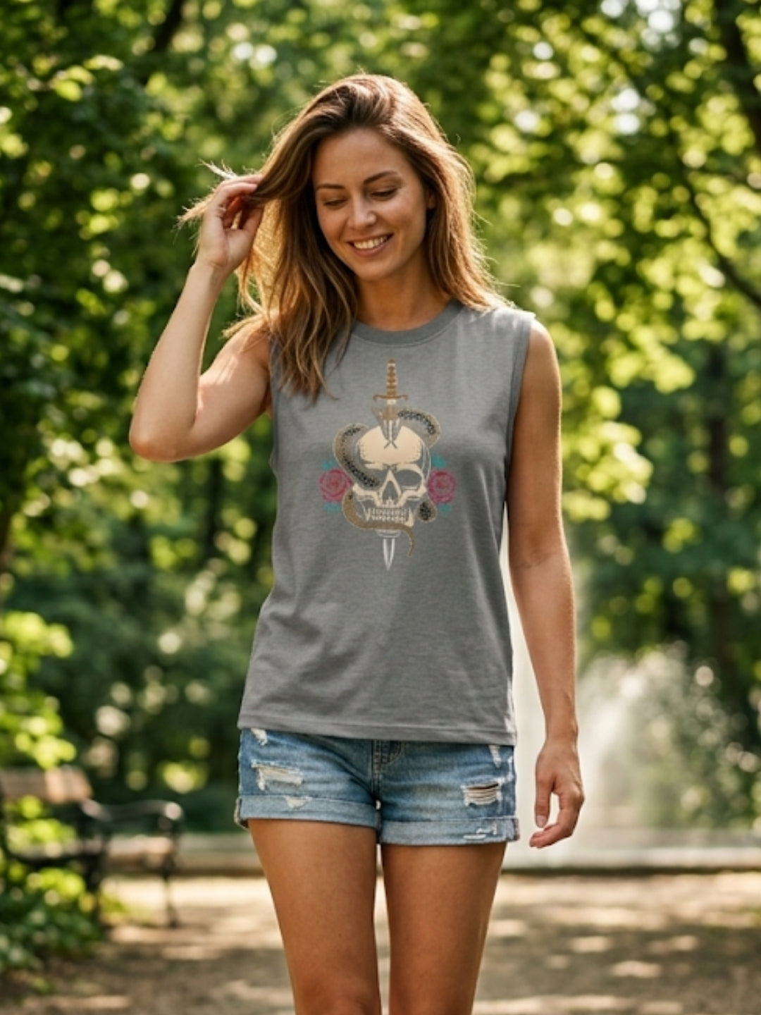 Skull & Dagger Snake Roses Muscle Tank – Women’s Grey