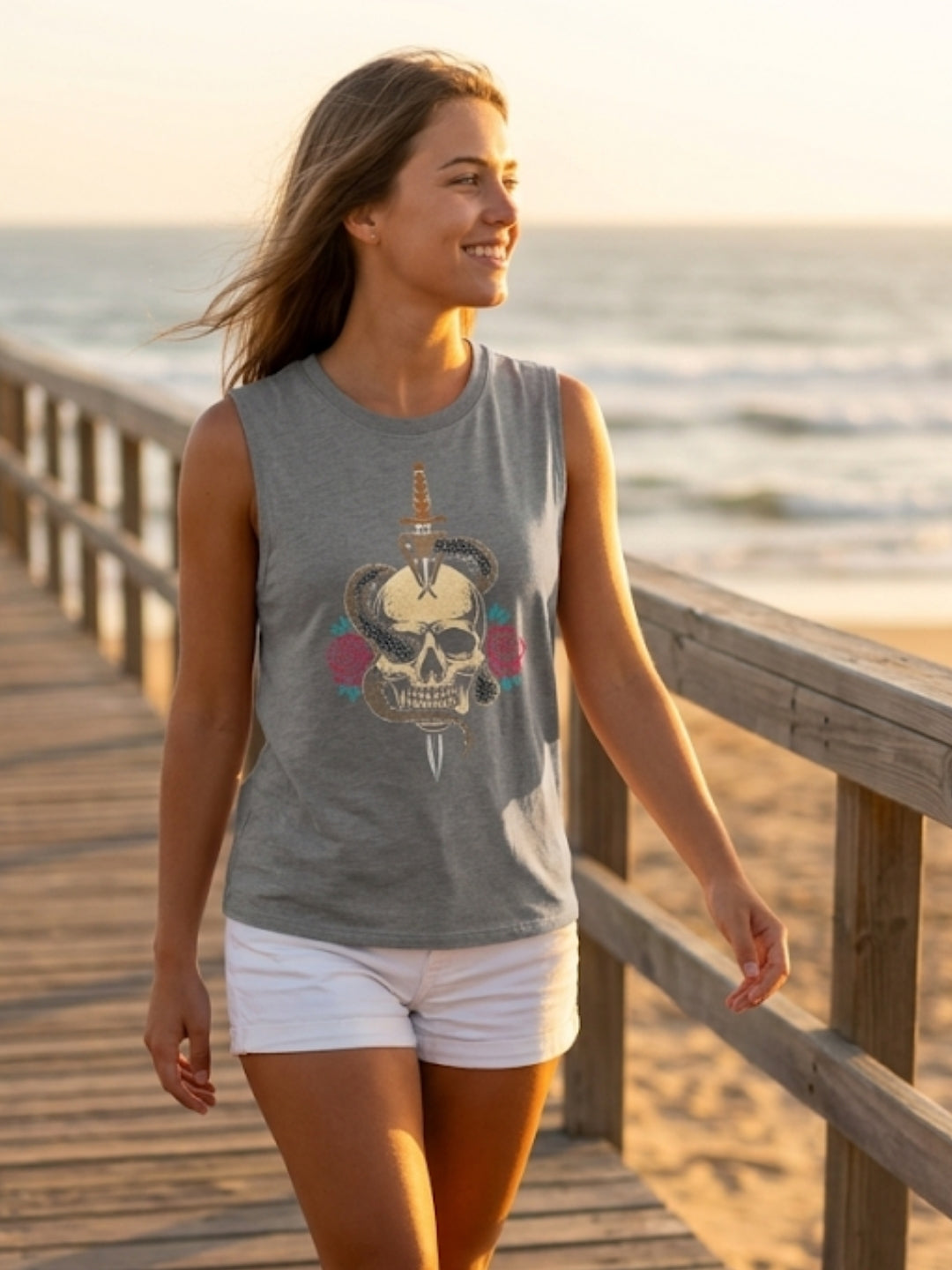 Skull & Dagger Snake Roses Muscle Tank – Women’s Grey