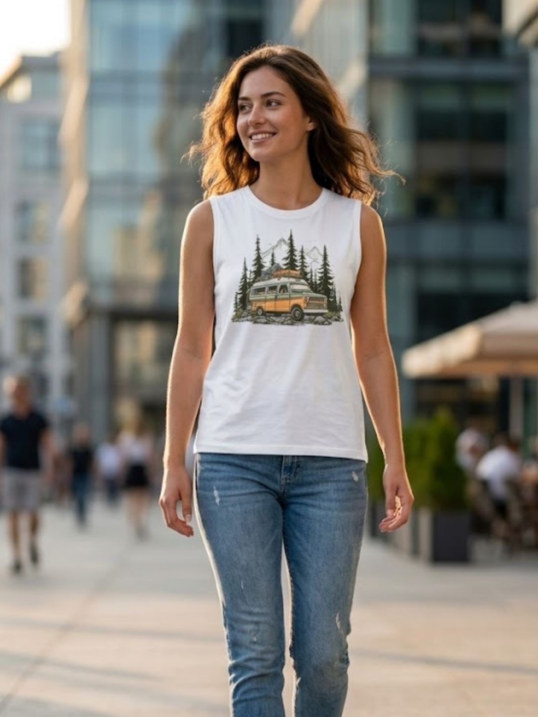 Retro Van Mountain Forest Muscle Tank – Women’s White