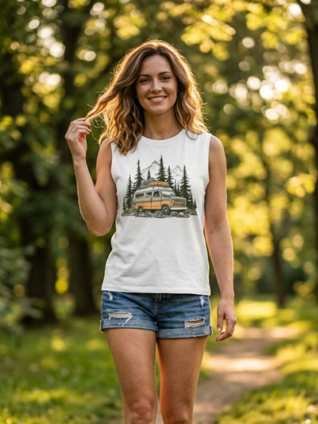 Retro Van Mountain Forest Muscle Tank – Women’s White