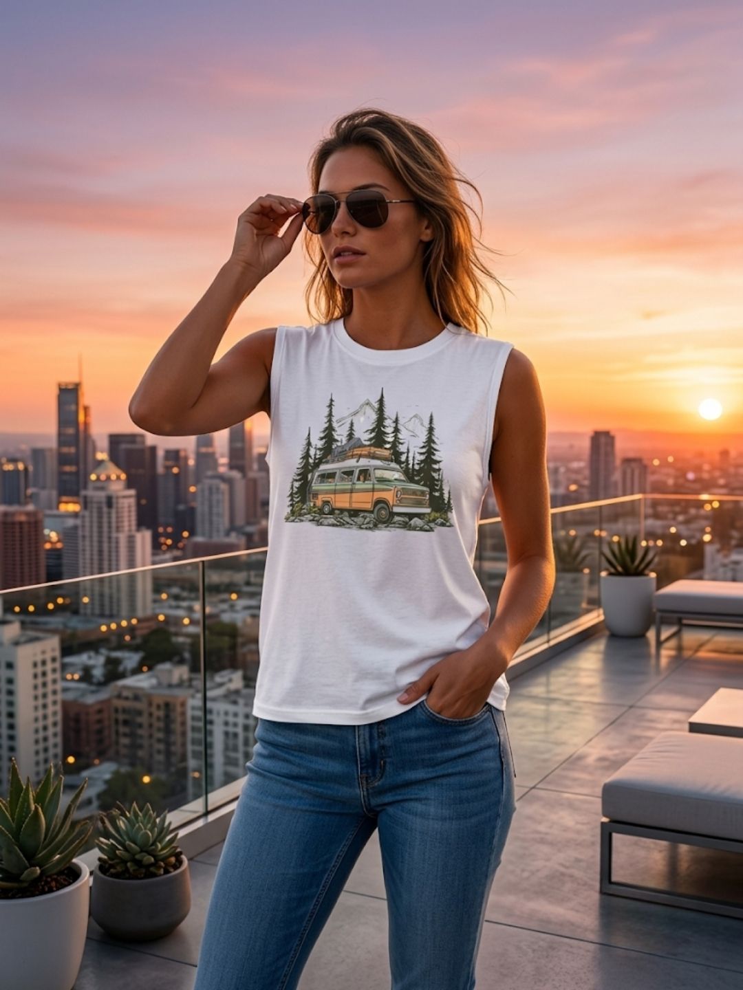 Retro Van Mountain Forest Muscle Tank – Women’s White