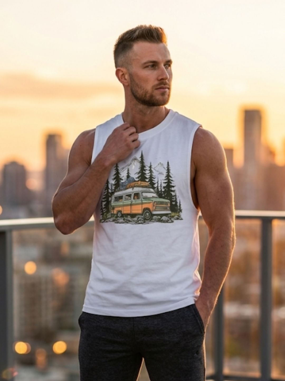 Retro Van Pine Forest Muscle Tank – Men’s White