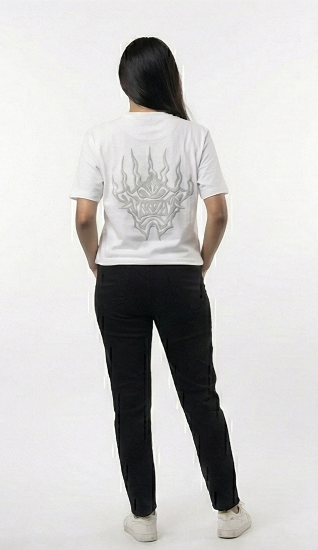Silver Flame Demon Eye Graphic Tee – White