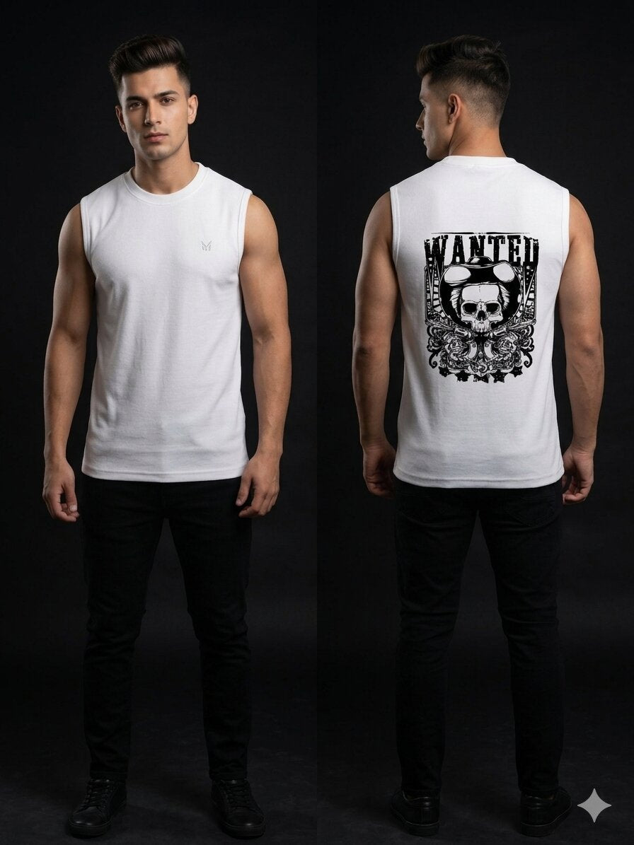 The Modvue Men's Wanted Skull Back Print Muscle Tee | White Sleeveless Tank Top