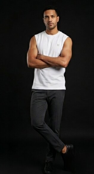 The Modvue Men's Wanted Skull Back Print Muscle Tee | White Sleeveless Tank Top