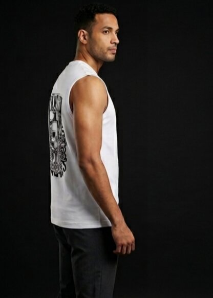 The Modvue Men's Wanted Skull Back Print Muscle Tee | White Sleeveless Tank Top
