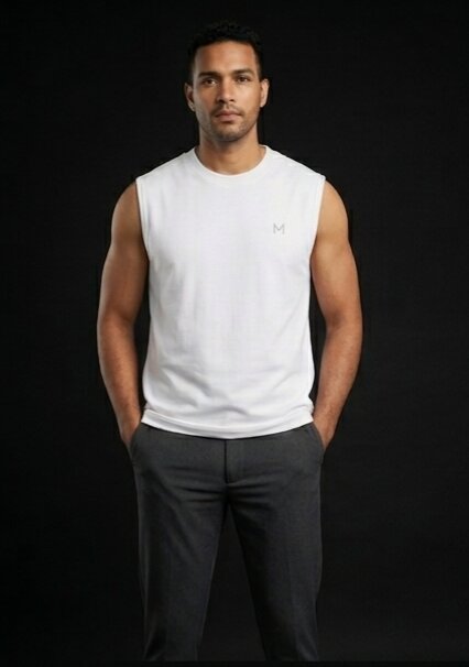 The Modvue Men's Wanted Skull Back Print Muscle Tee | White Sleeveless Tank Top