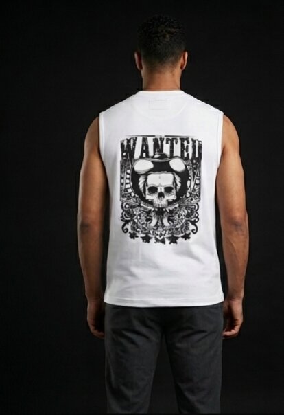 The Modvue Men's Wanted Skull Back Print Muscle Tee | White Sleeveless Tank Top