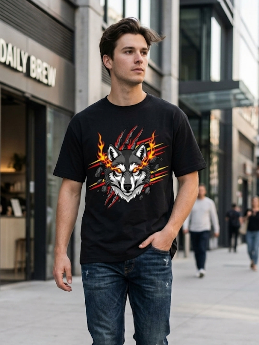 Fire Wolf Claw Burst Oversized Tee – Men’s Black