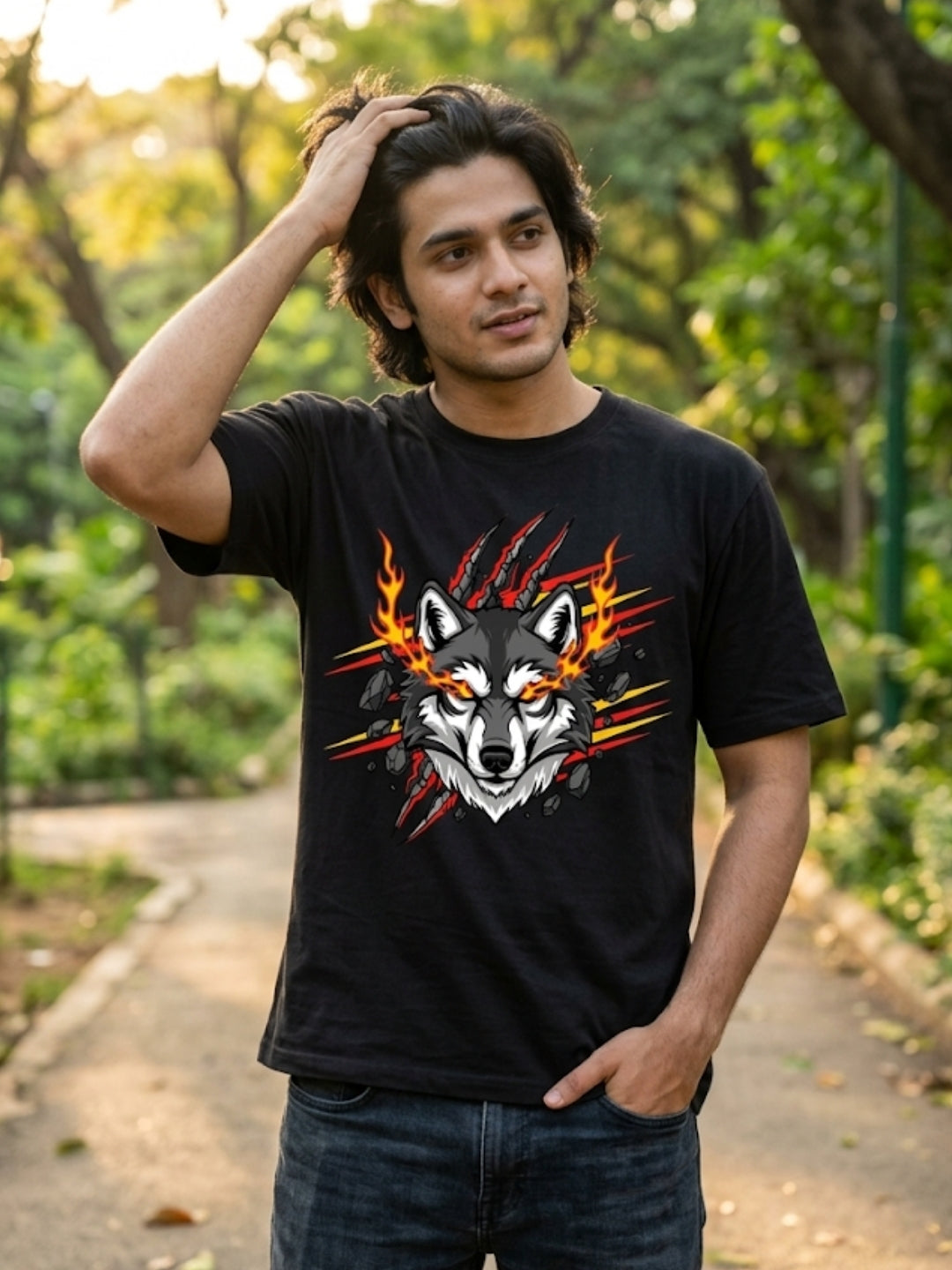Fire Wolf Claw Burst Oversized Tee – Men’s Black