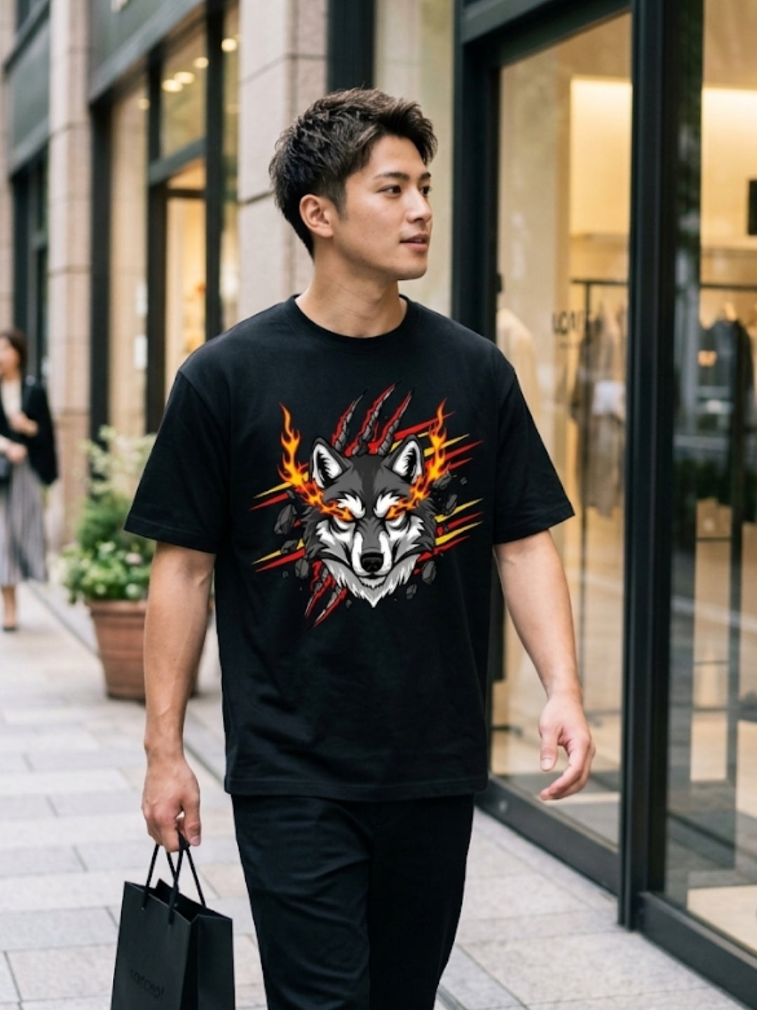 Fire Wolf Claw Burst Oversized Tee – Men’s Black