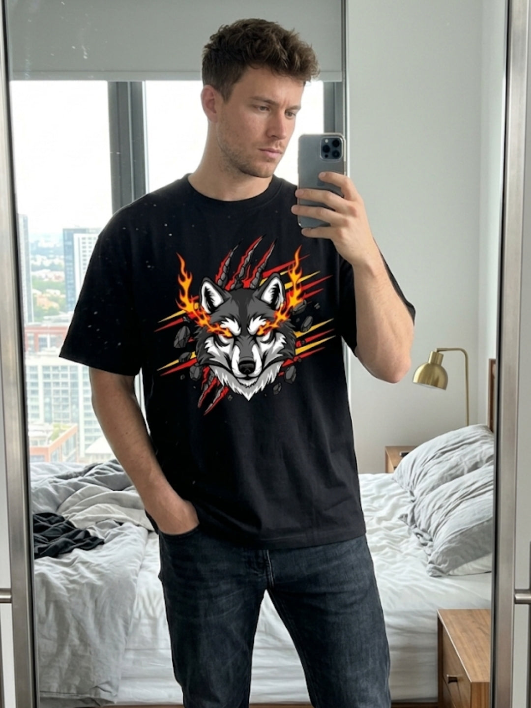 Fire Wolf Claw Burst Oversized Tee – Men’s Black