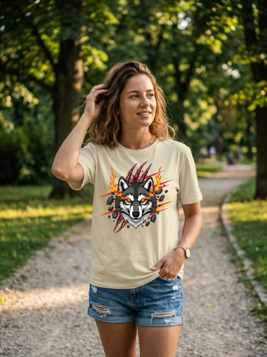 Fire Wolf Claw Burst Oversized Tee – Women’s Cream