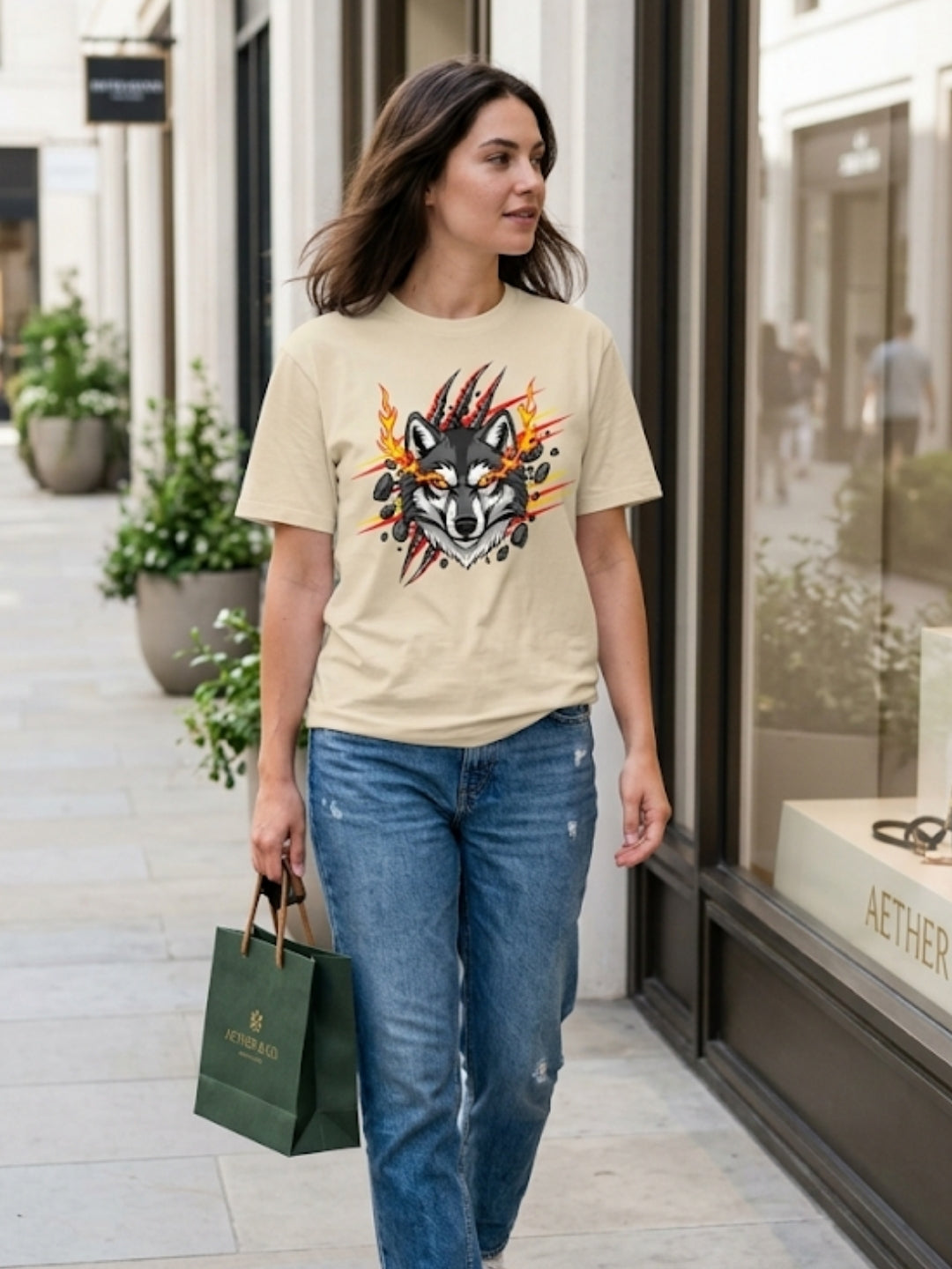 Fire Wolf Claw Burst Oversized Tee – Women’s Cream
