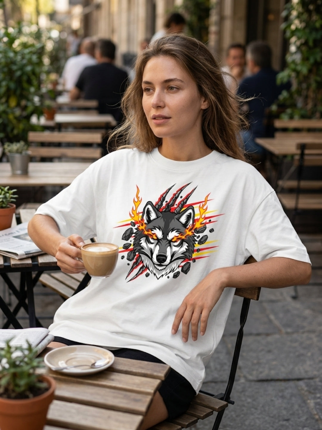 Fire Wolf Claw Burst Oversized Tee – Women’s White