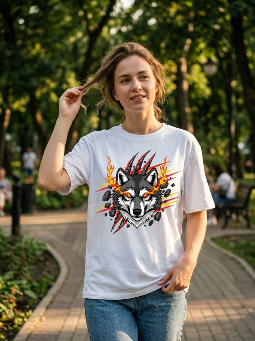 Fire Wolf Claw Burst Oversized Tee – Women’s White