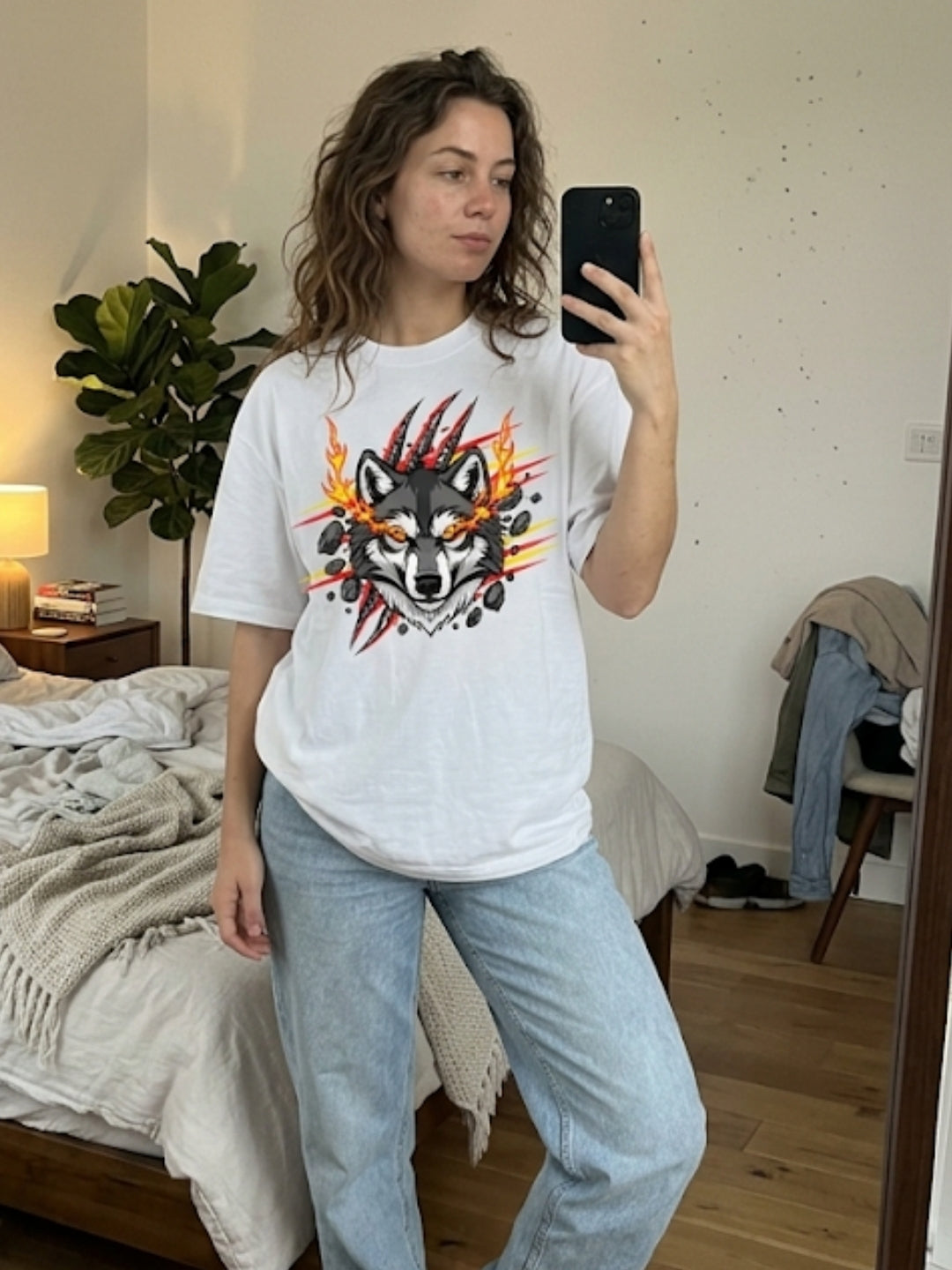 Fire Wolf Claw Burst Oversized Tee – Women’s White