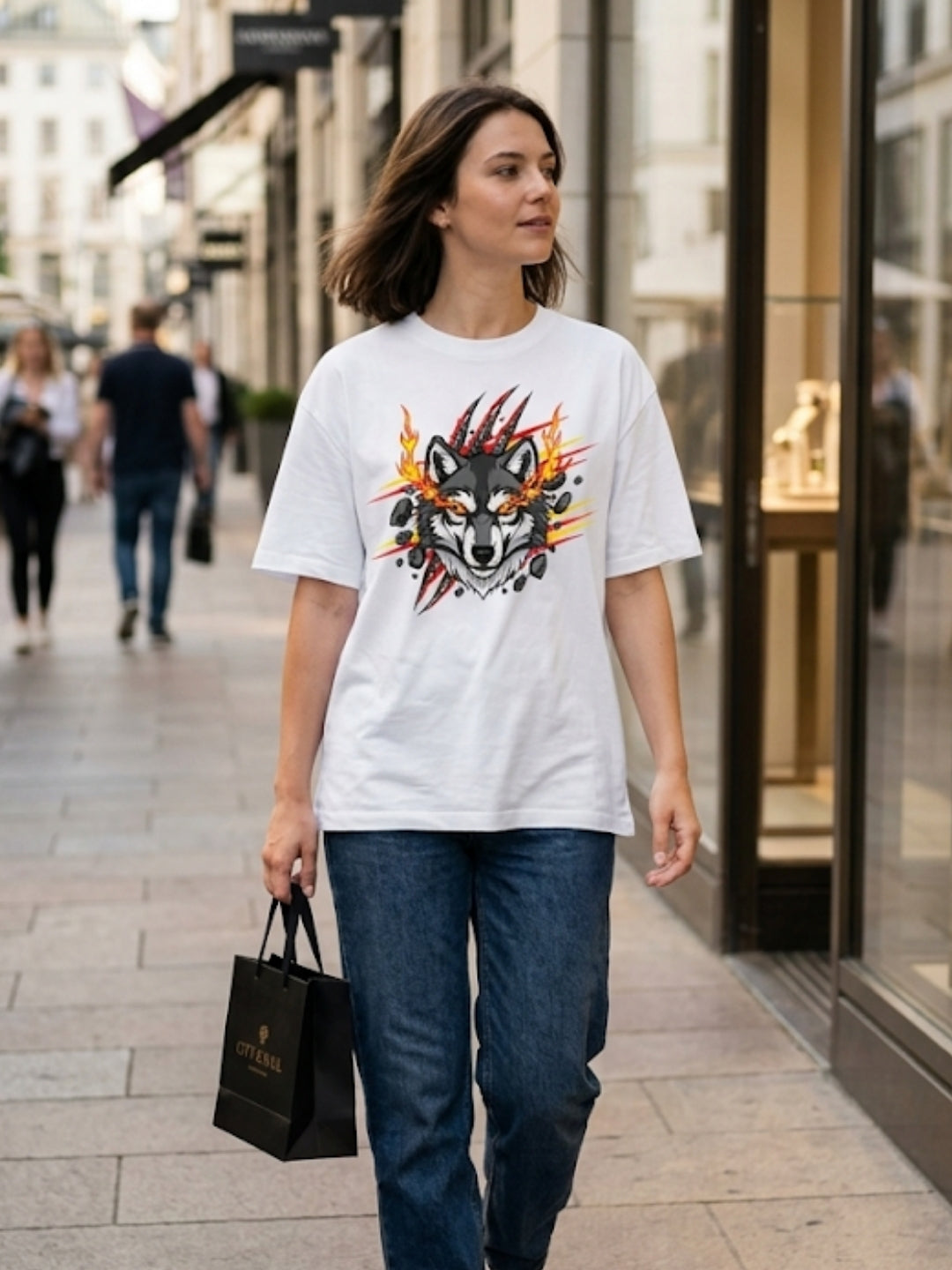 Fire Wolf Claw Burst Oversized Tee – Women’s White