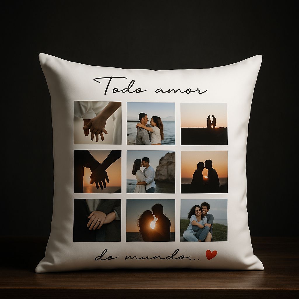 Personalised 9-photo collage white cushion with couple photos and romantic cursive text