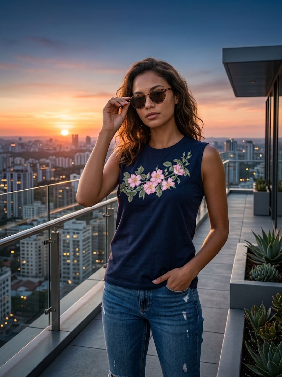 Cherry Blossom Garland Tank – Navy Blue (Women’s)