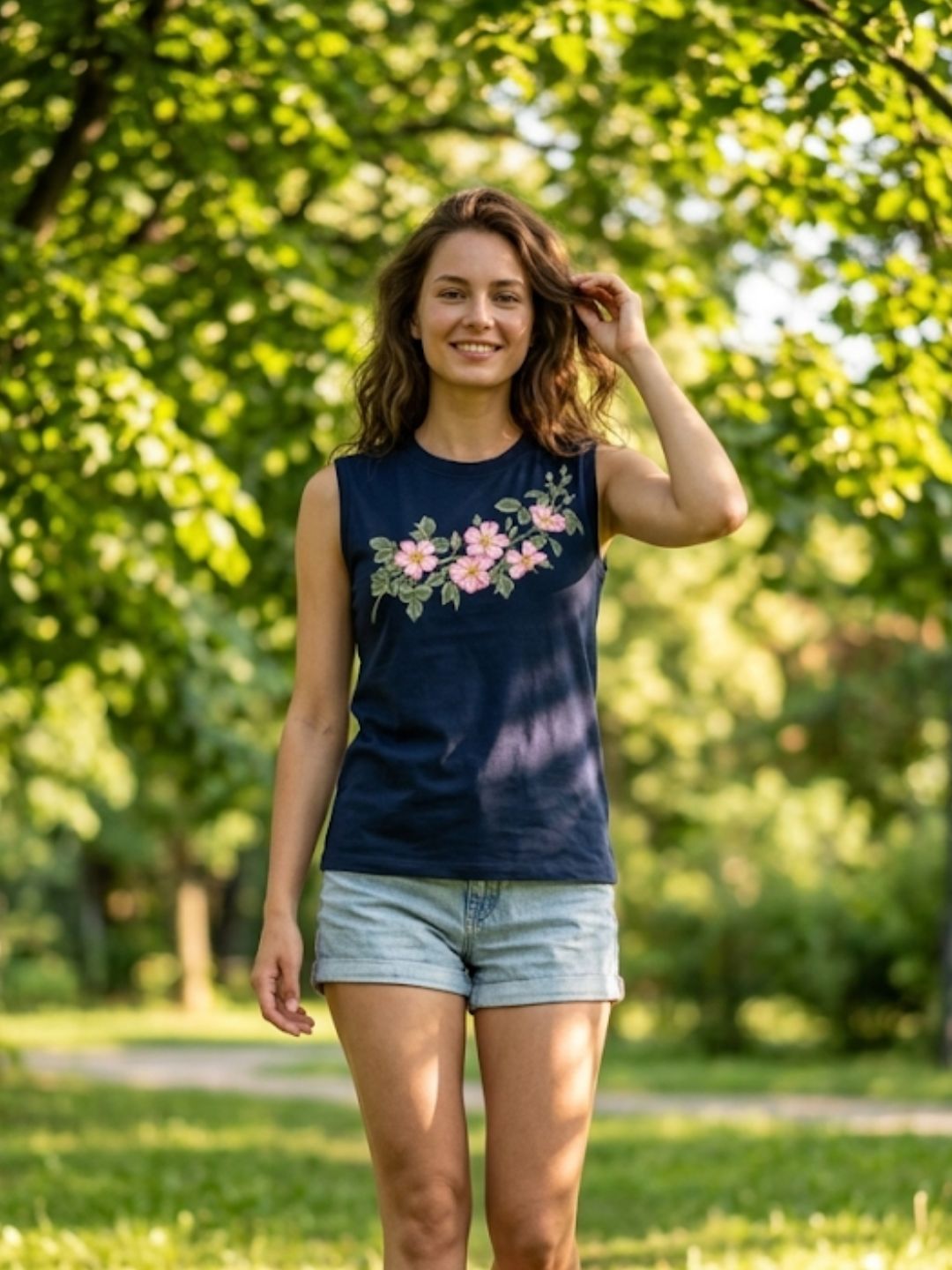 Cherry Blossom Garland Tank – Navy Blue (Women’s)
