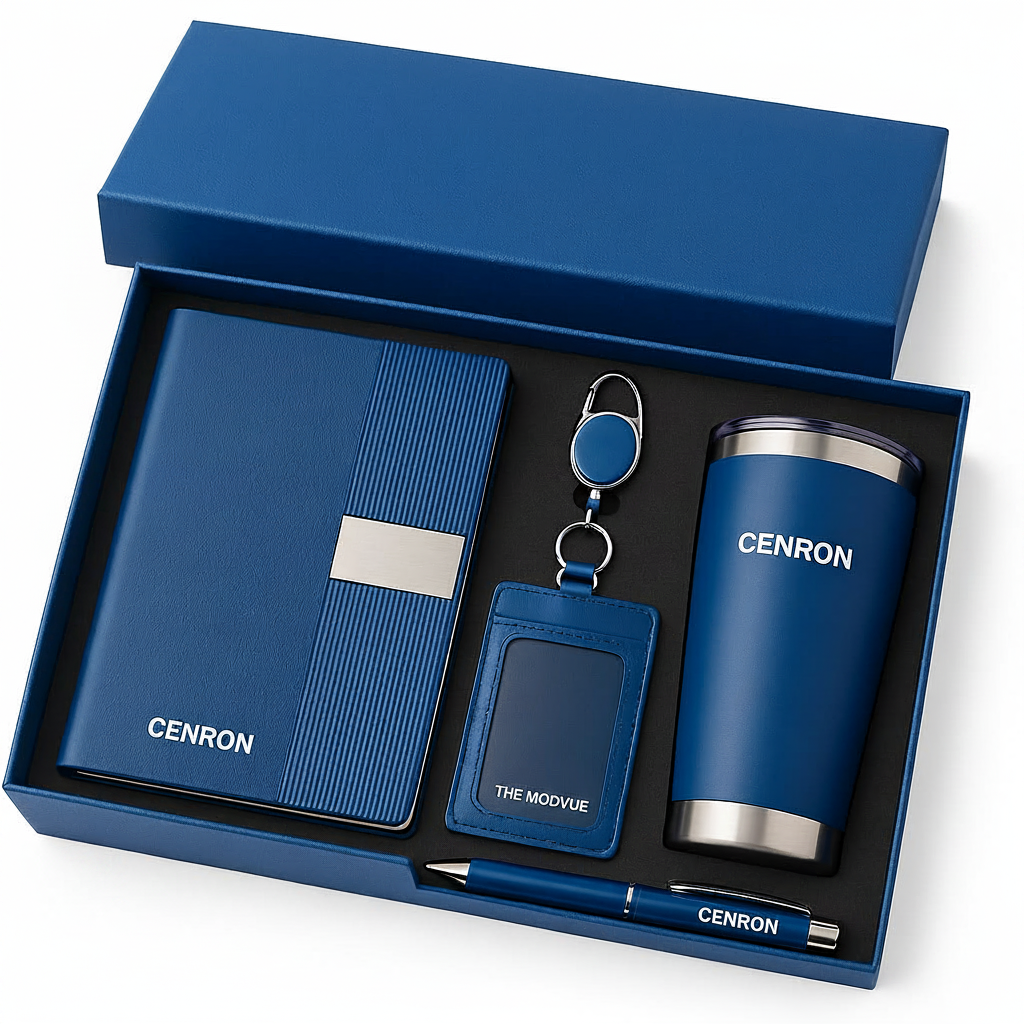 The Modvue 4-in-1 premium corporate gift set in navy blue box with notebook tumbler ID holder and pen