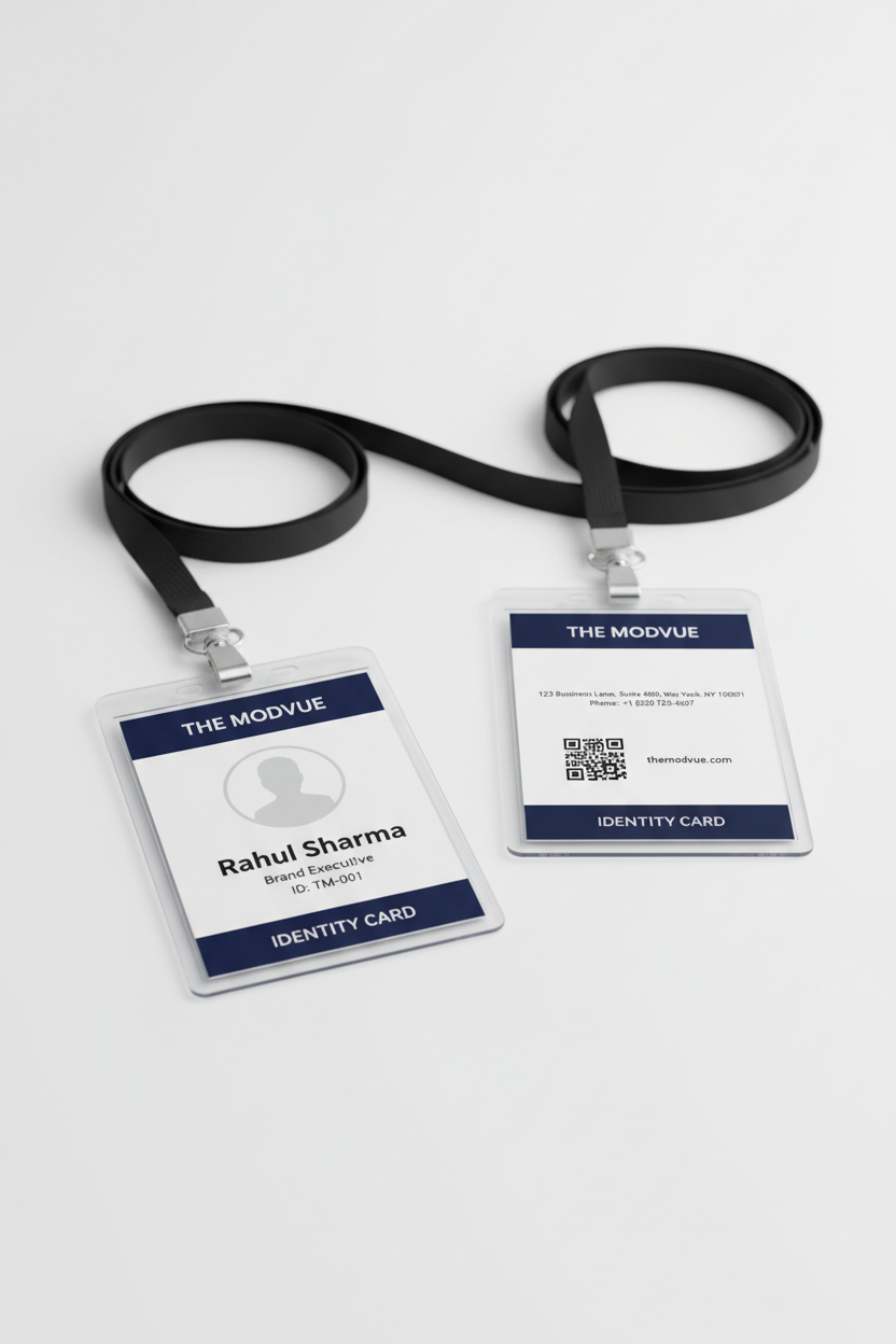 Personalised ID card with black lanyard front and back view with The Modvue branding