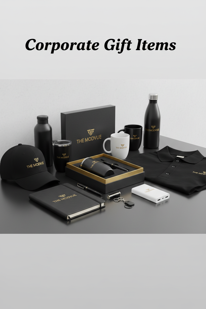 The Modvue premium corporate gift items set with branded black notebook mug bottle pen polo cap portfolio power bank