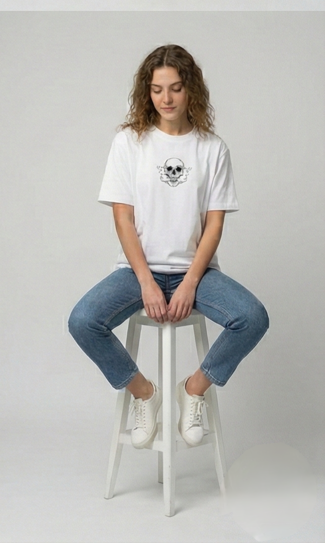Sinister Floral Skull Graphic Tee – White