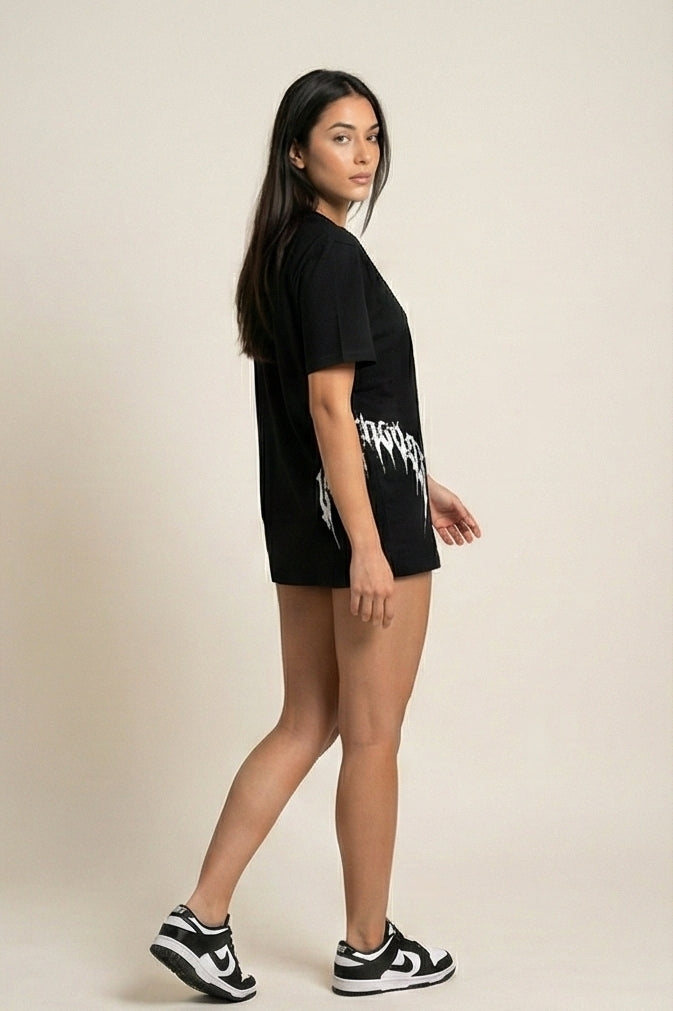 Gothic Arc Side Print Oversized Tee – Black